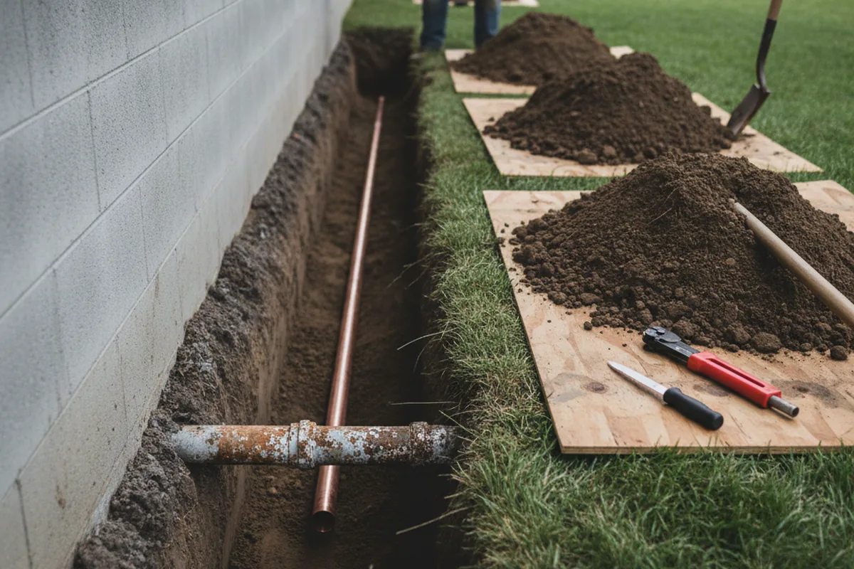 Excavated water line trench during Water Softener Installation in Skokie